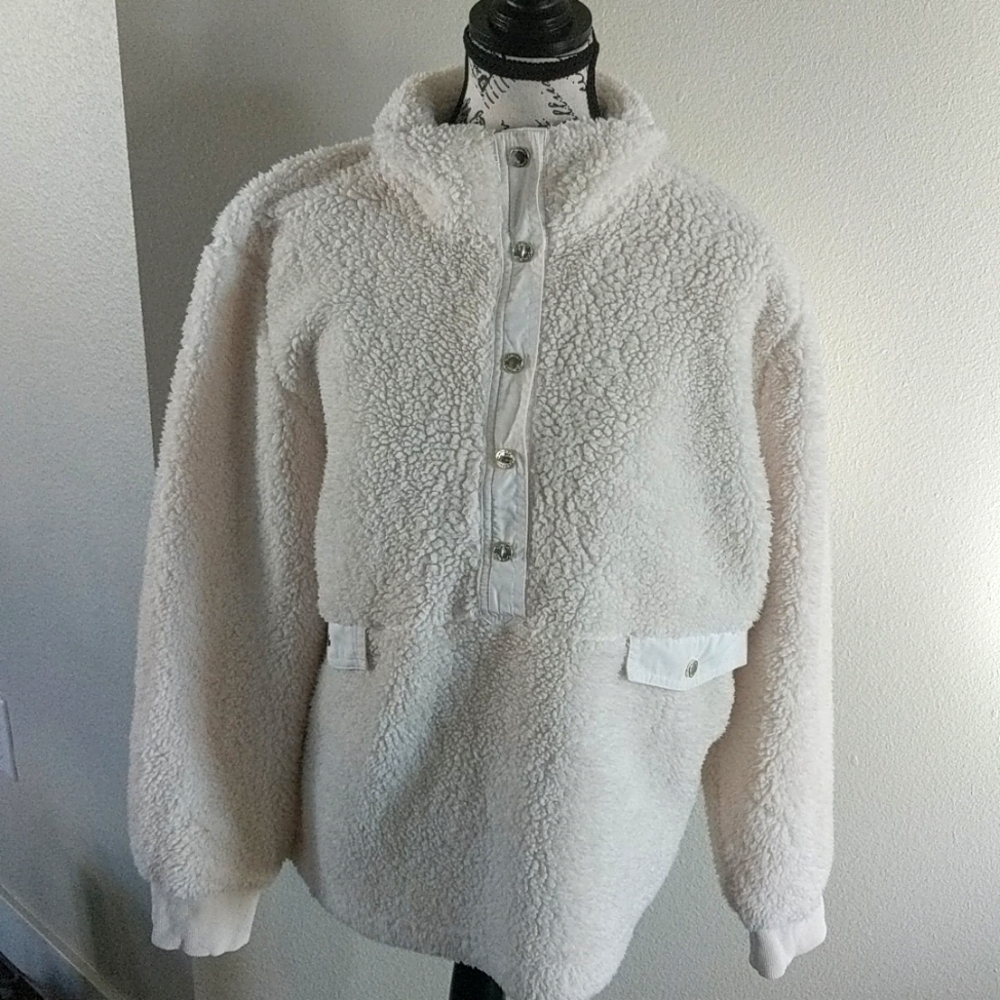 Calvin Klein 1/2 Snap Collar Pullover Sherpa Teddy Large Jacket Ivory